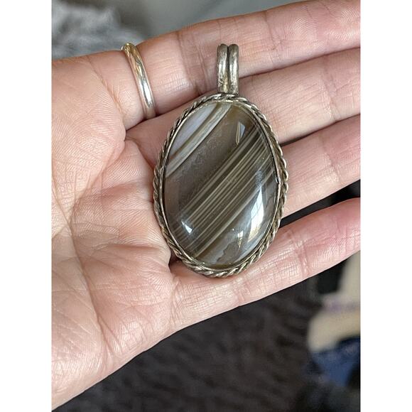 VTG Sterling Silver Banded Agate Pendant, Signed JS, Navajo Native Style, SW 2” - Picture 4 of 8